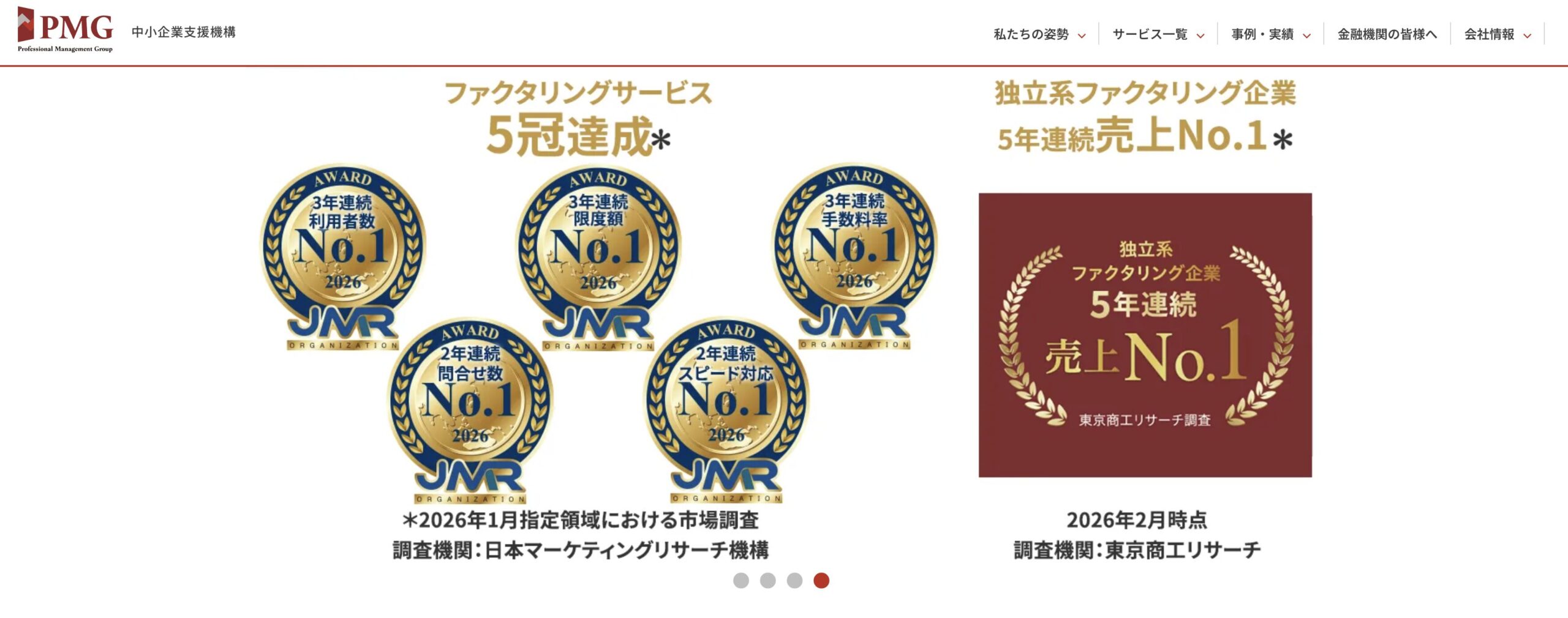 PMG公式サイトに掲載されているファクタリングサービス5冠・5年連続売上No.1の表記